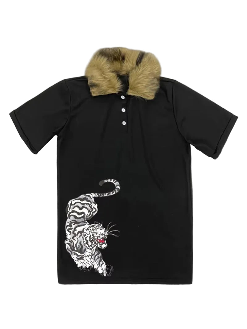 Women'S Cool Street Style Polo Tee Chinese Dragon Graphic Fur Trim Retro Y2K Slim Short Sleeve Shirt